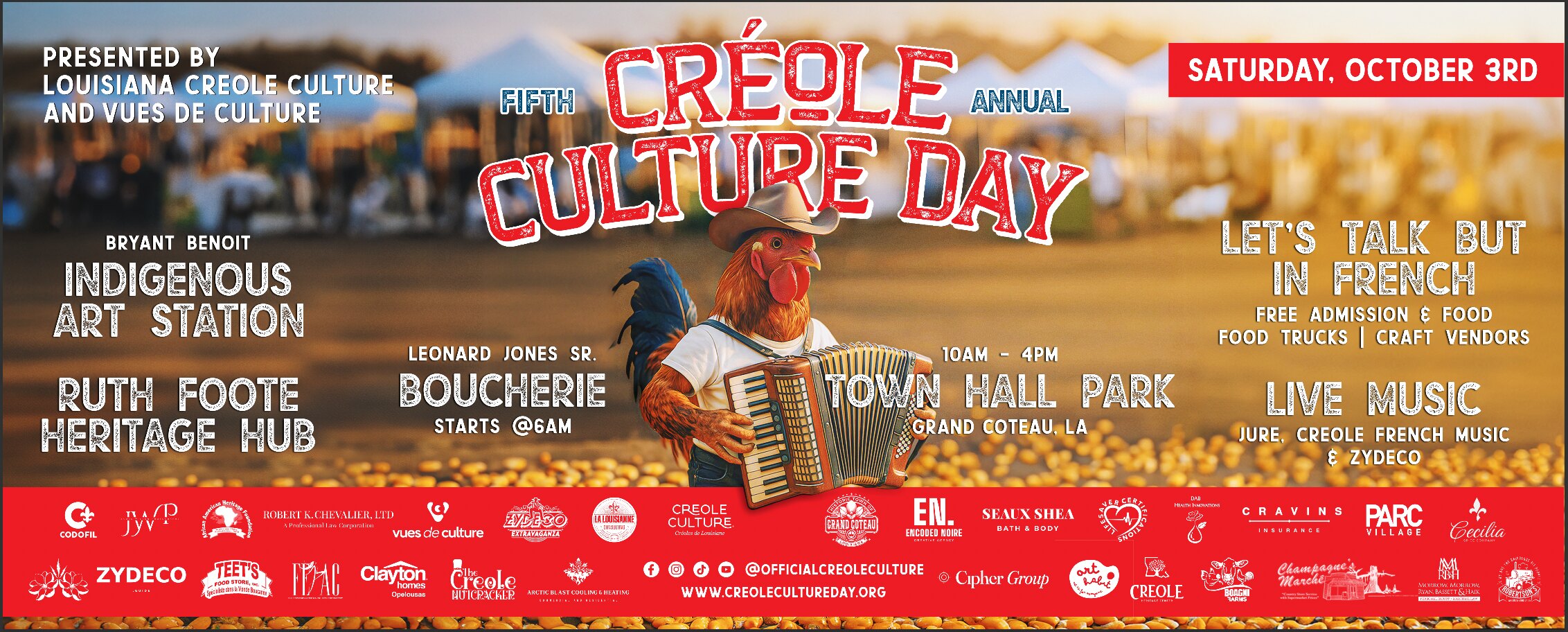 5th Annual Créole Culture Day — Saturday, October 3, 2026 · Town Hall Park, Grand Coteau, LA · Free admission & food